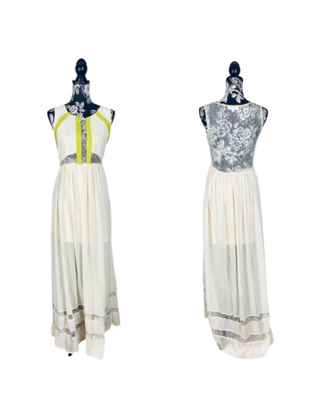 Aniina floor length cream/green trim lace dress size medium